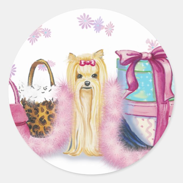 Sticker Rond Yorkie Yorkshire Terrier avec Feather Boa (Devant)