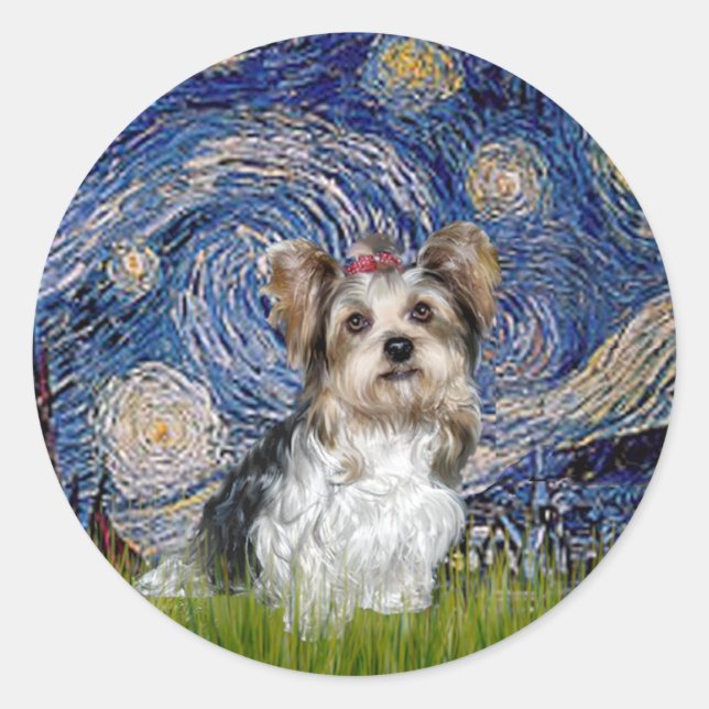 Sticker Rond Yorkshire Terrier (Biewer) - Nuit étoilée (Devant)
