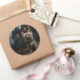 Sticker Rond Yorkshire Terrier Halloween effrayant