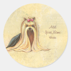 Sticker Rond Yorkshire Terrier Portrait en beige w Script