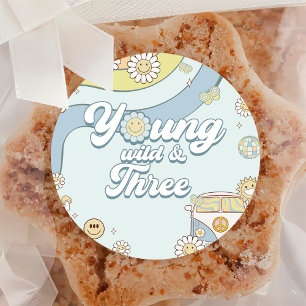 Sticker Rond Young Wild Three Retro Rainbow 3e anniversaire