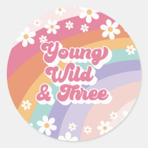 Sticker Rond Young Wild Three Retro Rainbow 3e anniversaire