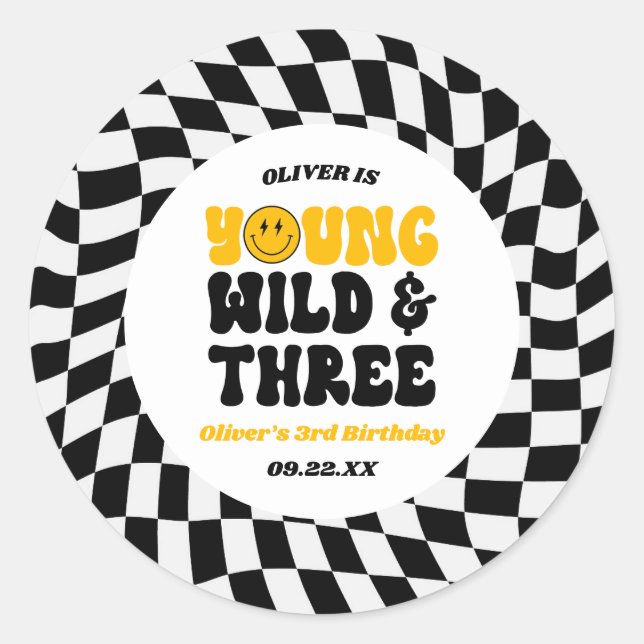 Sticker Rond Young Wild & Three Retro Third 3rd Birthday Party (Devant)