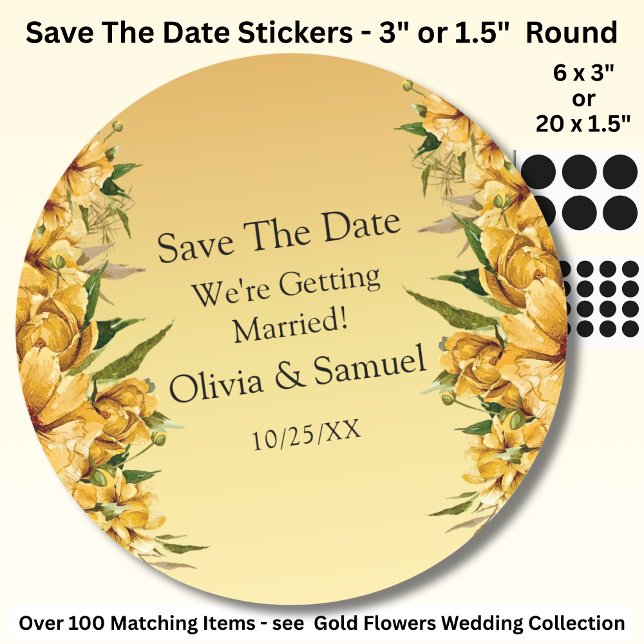 Sticker Rond Your Names, Save The Date, Golden Yellow Flowers (Créateur téléchargé)