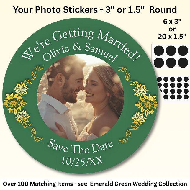 Sticker Rond Your Photo, Save The Date, Emerald Green & Gold (Créateur téléchargé)