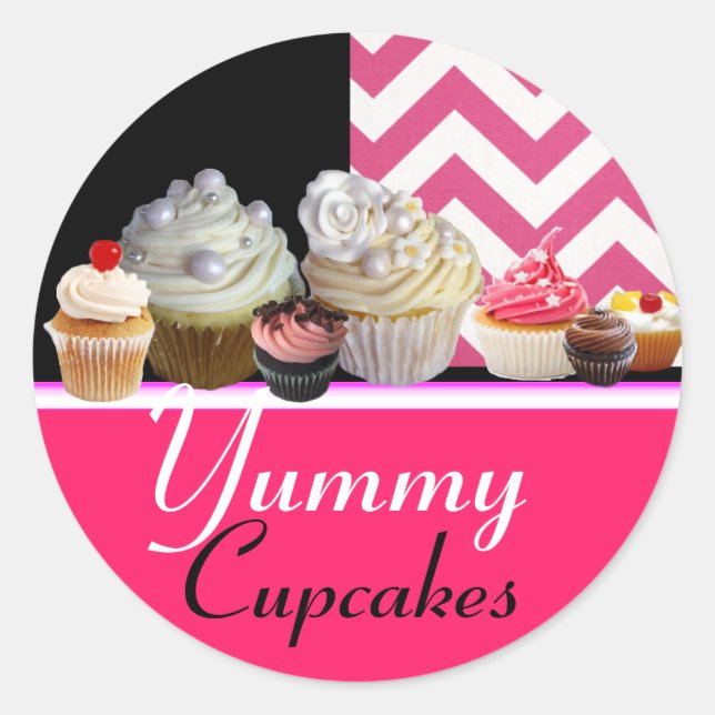 STICKER ROND YUMMY BANNITHDAY CUPCAKES / ROSE CHEVRON BLANC RON (Devant)