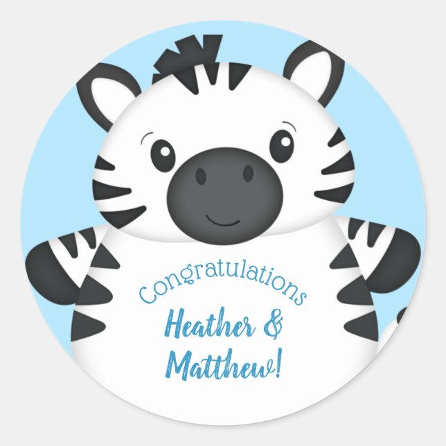 Sticker Rond Zebra Baby shower Safari Blue Boy (Devant)