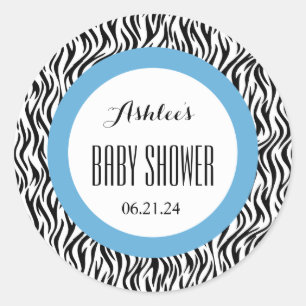 Sticker Rond ZEBRA Boy Nom du Baby shower Date V04 BLUE BLACK