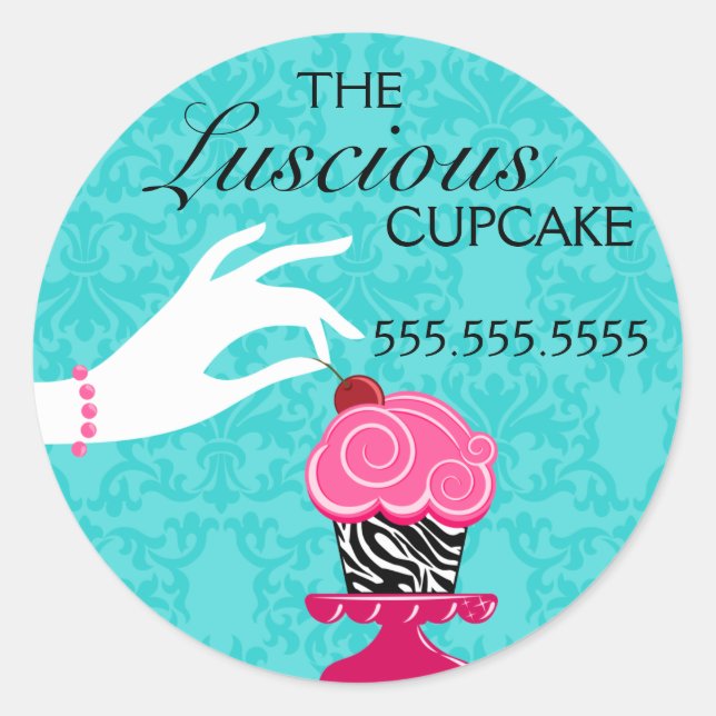 Sticker Rond Zebra Cupcake Turquoise Damask Bakery Seaux (Devant)