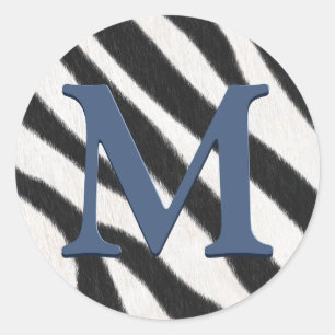 Sticker Rond Zebra Fur Poster de animal gris bleu Monogramme