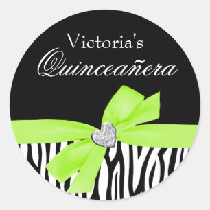 Sticker Rond Zebra Lime Green Bow Diamond Quinceanera