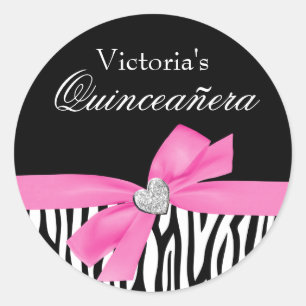 Sticker Rond Zebra Pink Bow Diamond Quinceanera
