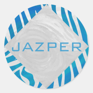 Sticker Rond Zèbre bleu et blanc avec Monogramme