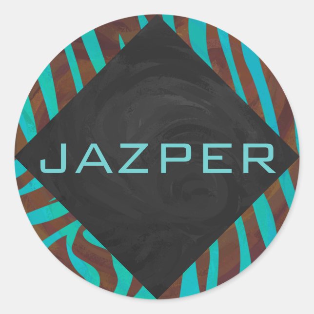 Sticker Rond Zèbre Brown et Turquoise avec Monogramme (Devant)