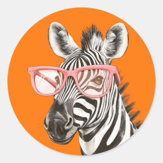 Sticker Rond Zèbre drôle avec des lunettes orange | Mignon