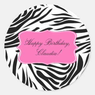 Sticker Rond Zèbre noir et blanc Imprimer avec rose chaud Anniv