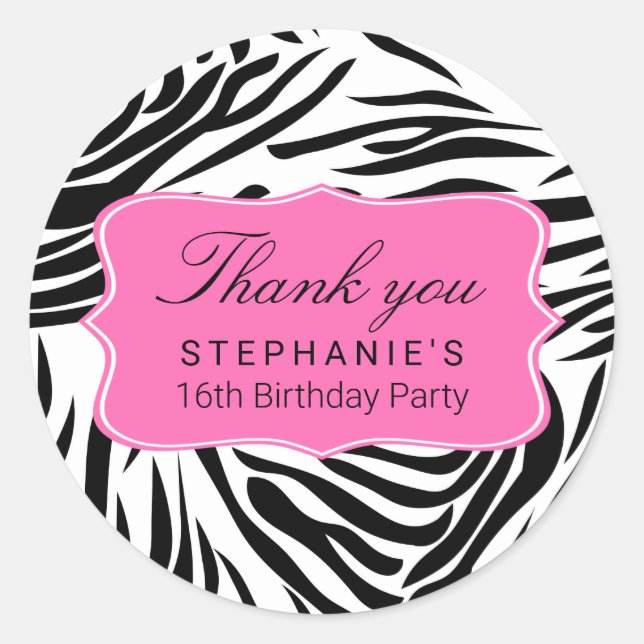 Sticker Rond Zèbre noir et blanc Imprimer avec rose chaud Anniv (Devant)