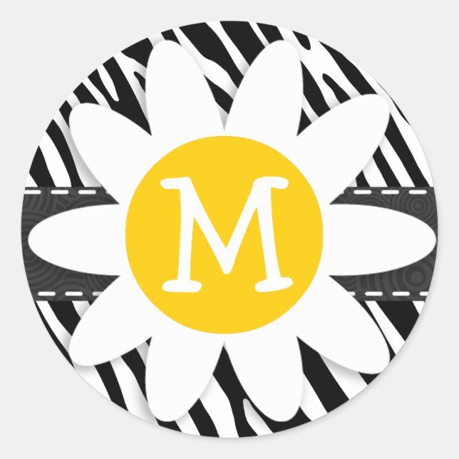 Sticker Rond Zèbre noir et blanc ; marguerite de printemps (Devant)