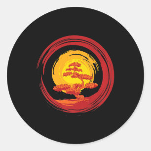 Sticker Rond Zen Rising Sun Bonsai Tree Japonais Calligraphie