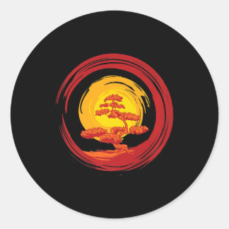 Sticker Rond Zen Rising Sun Bonsai Tree Japonais Calligraphie