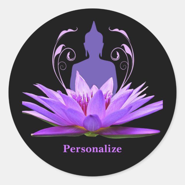 Sticker Rond Zen Yoga Buddha Lotus Flower Purple Personalize (Devant)
