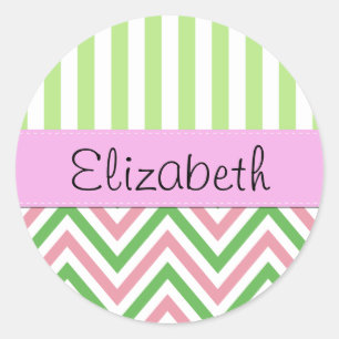 Sticker Rond Zigzag, Chevron, Grilles, Rose, Vert, Votre Nom