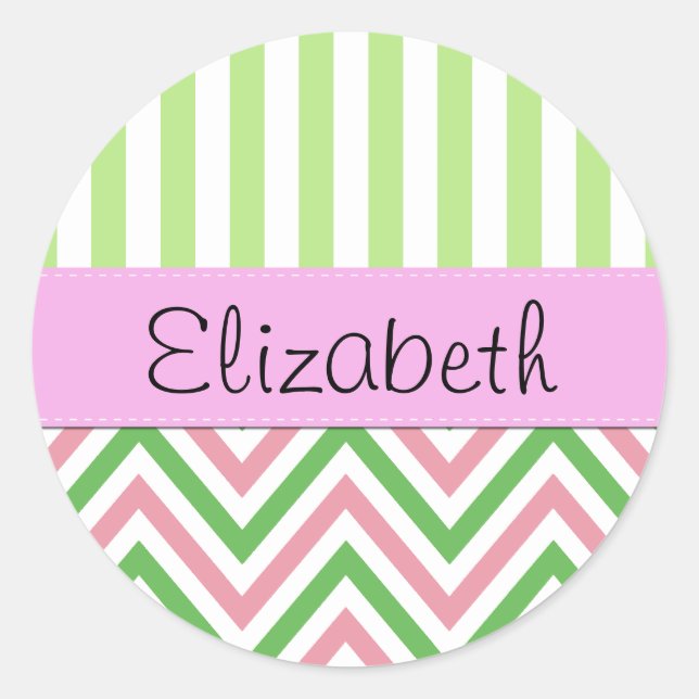 Sticker Rond Zigzag, Chevron, Grilles, Rose, Vert, Votre Nom (Devant)