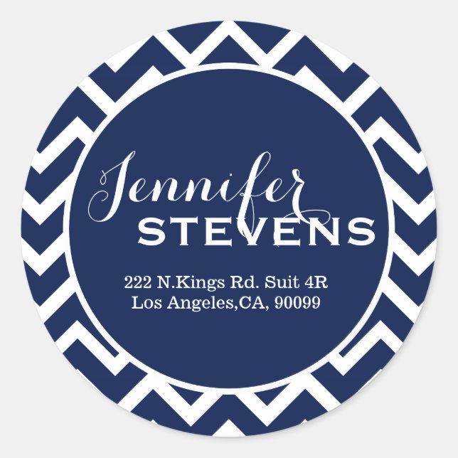 Sticker Rond Zigzag géométrique bleu et blanc monogramme Chevro (Devant)