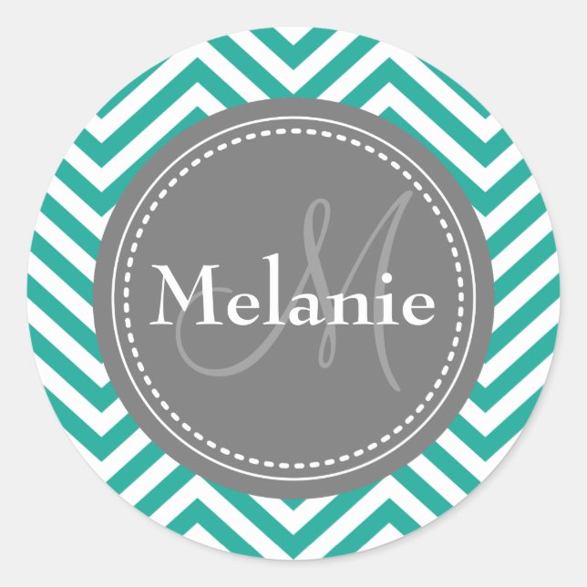 Sticker Rond Zigzag Turquoise monogramme bleu et gris (Devant)