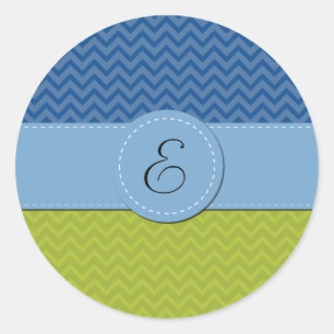 Sticker Rond Zigzag vert, Zigzag bleu, Chevron, Monogramme
