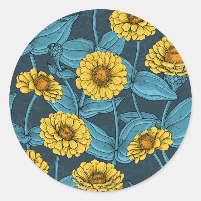 Sticker Rond Zinnias jaune sur bleu foncé (Devant)
