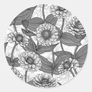 Sticker Rond Zinnias, monochrome sur blanc