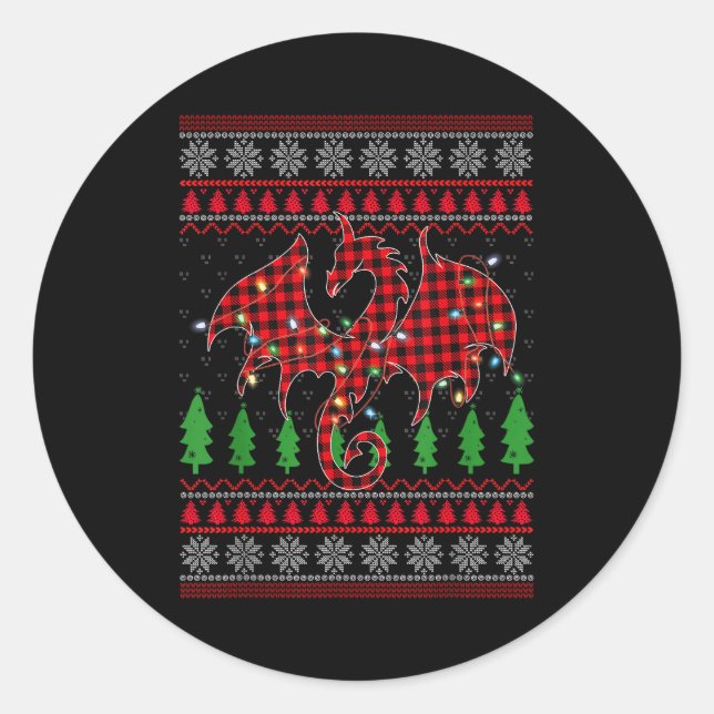 Sticker Rond Zodiac Dragon Ugly Sweater Christmas Lights Dragon (Devant)