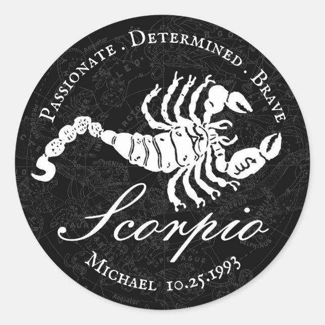 Sticker Rond Zodiac Scorpio Astrologie Blanc Noir Personnalisé (Devant)