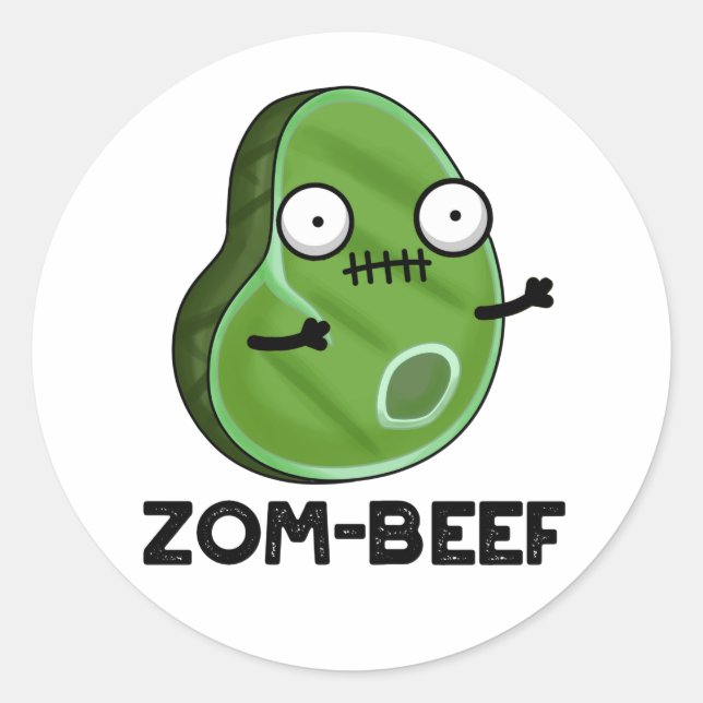 Sticker Rond Zom-beef drôle Halloween Zombie Pun de viande Zomb (Devant)