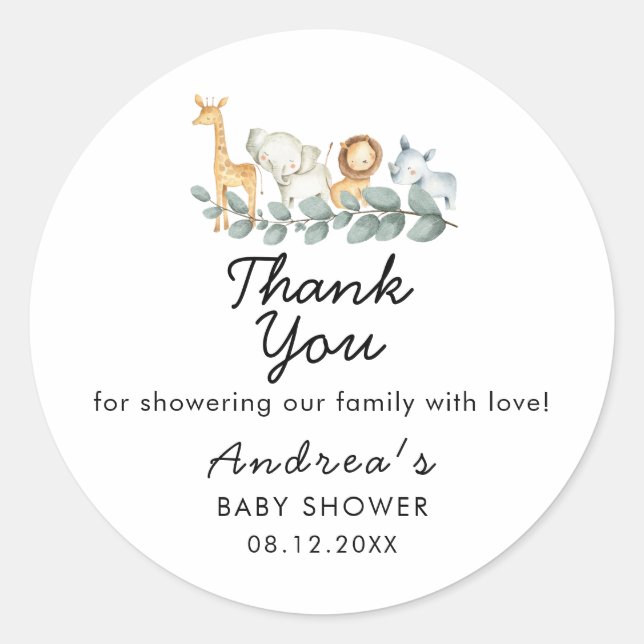 Sticker Rond Zoo Animaux Thème Baby shower Merci (Devant)