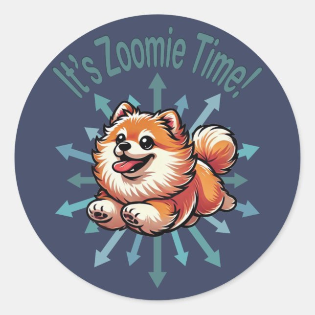 Sticker Rond Zoomie Time Pomeranian (Devant)