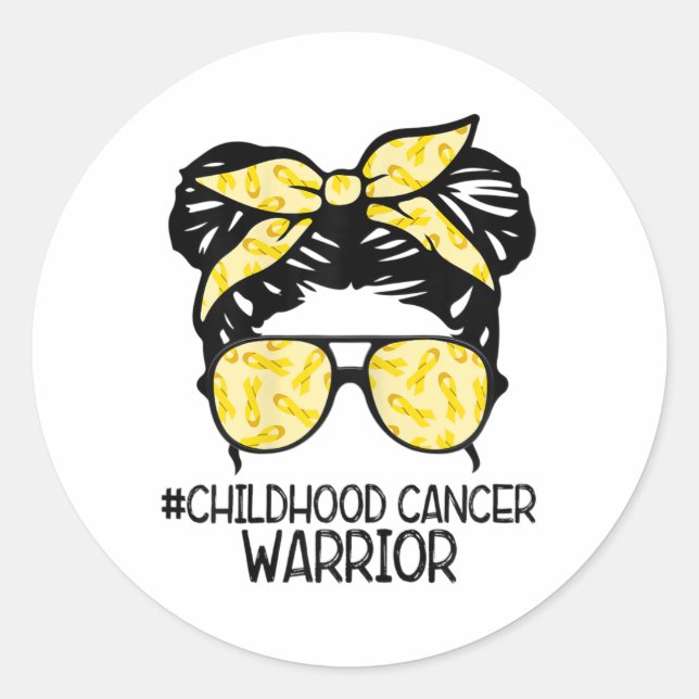 Sticker Rond Zqxj Messy Bun Yellow Ribbon Childhood Cancer Warr (Devant)