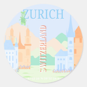 Sticker Rond Zurich Travel Art, Suisse, Blue Retro Travel