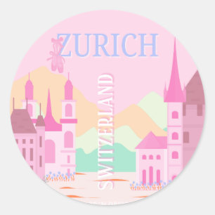 Sticker Rond Zurich Travel Art, Suisse Travel Art, rose