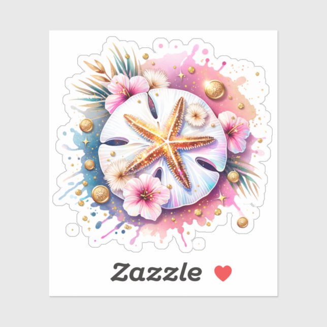 Sticker Rose, Bleu et Or Coastal Sand Dollar Plage (Feuille)