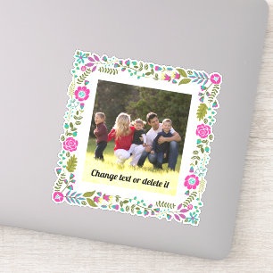 Sticker Rose chaud, aqua et cadre floral vert avec photo