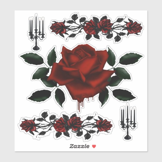 Sticker Rose de sang gothique et candélabre (Feuille)