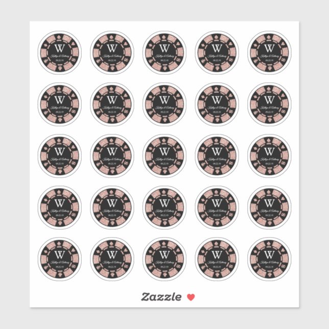 Sticker Rose Gold Poker Chip Casino Mariage Party 3cm (Feuille)