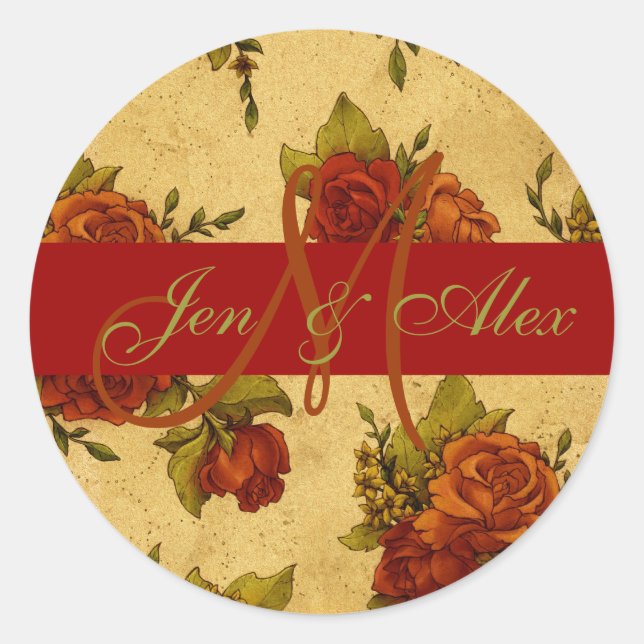 Sticker Rose mariage de automne Monogramme et Noms (Devant)