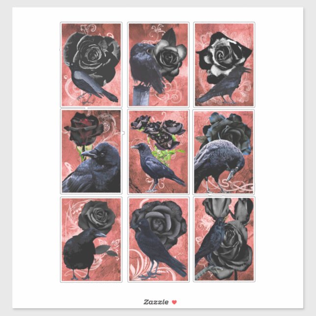 Sticker Rose Noir Ravages Et Corbeaux Art Gothique (Feuille)