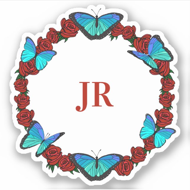 Sticker Roses rouges et papillons bleus Monogram Wreath (Devant)