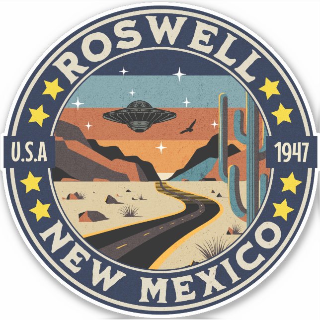 Sticker Roswell New Mexico Retro UFO Terrain (Devant)