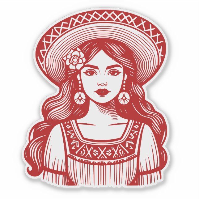 Sticker rouge Mujer Mexicana Minimal Line Art (Devant)