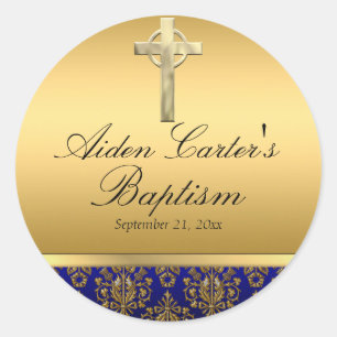 Sticker Royal Blue Damask & Cross Baptiser